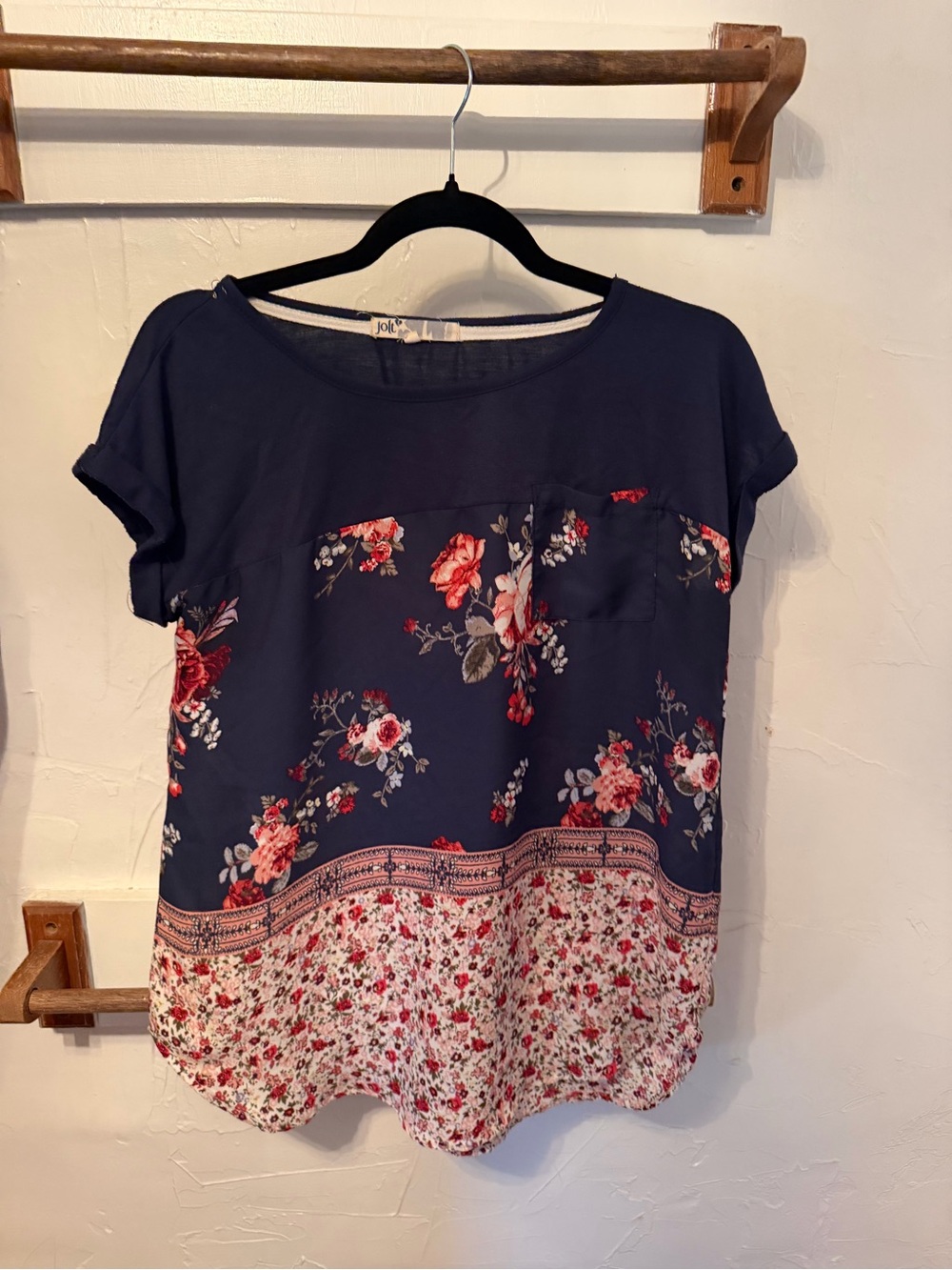 Jolt Navy Floral Mixed-Print Short Sleeve Top
